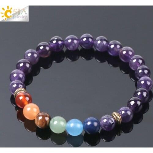 CSJA Reiki Natural Gem Stone Purple Crystal Quartz Amethys Bracelets for Women 7 Chakra 8mm Yoga Beads Meditation Jewellery E962