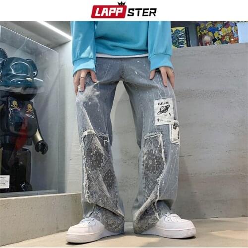 LAPPSTER Men Patchwork Baggy Jeans Pants 2021 Mens Y2k Low Rise Vintage Streetwear Denim Trousers Man Wide Leg Kpop Jeans Jogger