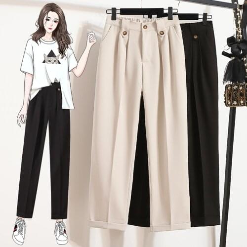 2021 Summer Autumn Fashion Women Elastic Waist Leisure Radish Suit Pants Loose Plus Size 4xl Black Button Trousers