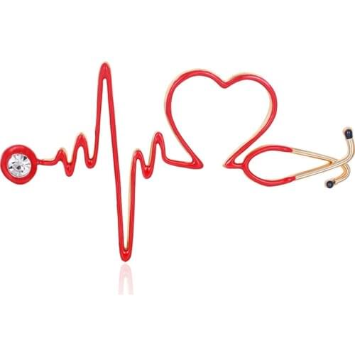 Enamel Love Heart Stethoscope Brooches For Women Men Crystal Heartbeat Shape Doctor Nurse Jewelry Brooch Badge