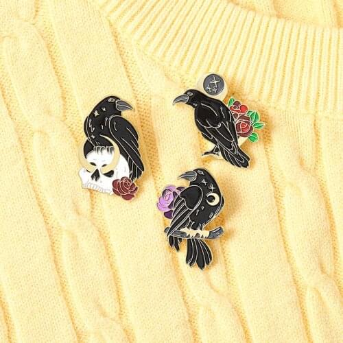 Crow Enamel Pin Black bird animal Brooches Lapel Pin night moon stars skeleton flower gothic Badge Gifts for friends