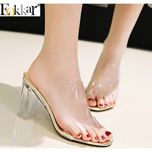 Eokkar 2019 Transparent Super High Heels Flip Flops Cute Pu Leather Women Sandals Slip on Gold Ladies Sandals Plus Size 34-48