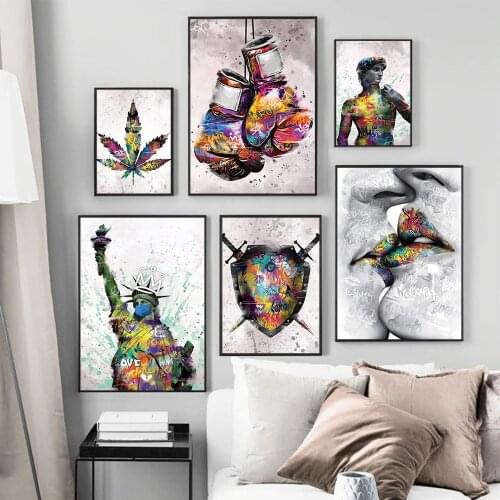 Doodle Art Of Kissing Lovers And Funny Statue Liberty Abstract Graffiti Canvas Painting Decor Accesories Creativity Home Poster