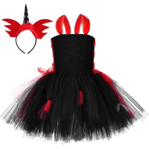 Vampire Halloween Costumes for Girls Kids Cosplay Party Dresses with Devil Headband Baby Girl Tutu Dress Ghost Children Outfits