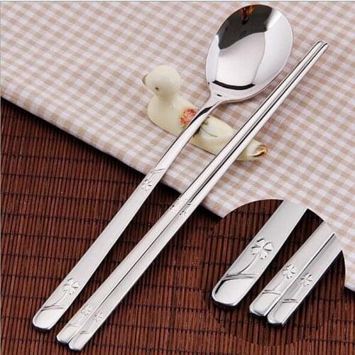 Fashion Hot sale #304 Stainless Steel Adult four- leaf clover Spoon Chopsticks Korea style Long Handle Adult Tableware Set