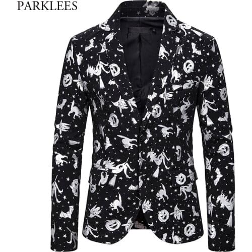 Halloween Men Blazers Slim Fit Two Button Single Breasted Men Suit Jacket Silver Witch Pumpkin Print Party Mens Blazer Masculino