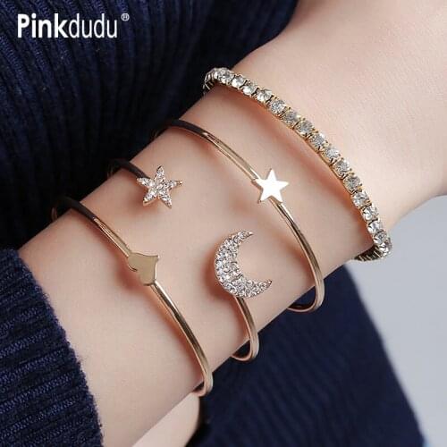 Pinkdudu Simple Bangles 4 Pieces Sets Gold Plated Alloy Bracelets Rhinestone Female Adjustable Cuff Bangles for Women OG068