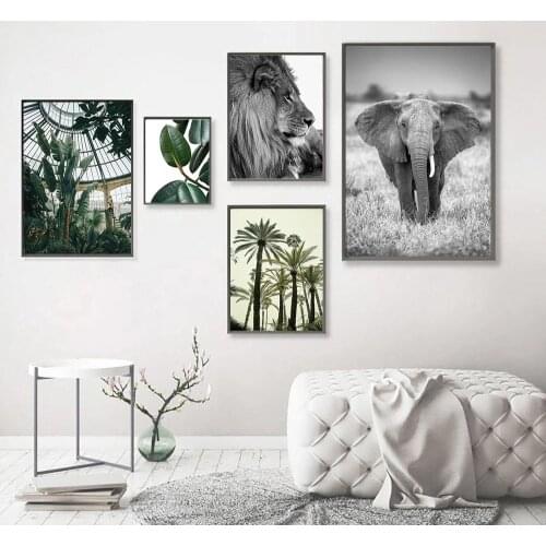 Nordic Green Leaf Wall Art Poster Lion Elephants Animal Print Tropical Tree Plant Canvas Painting Landscape Living Room Decor