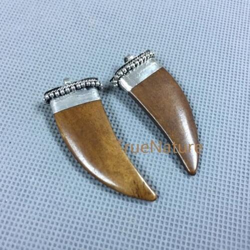 Brown Horn Pendant Brass Cap Charm With Singer Bail, Tibetan Style Jewelry, For Necklace&Bracelet In 43*17 mm PM4017