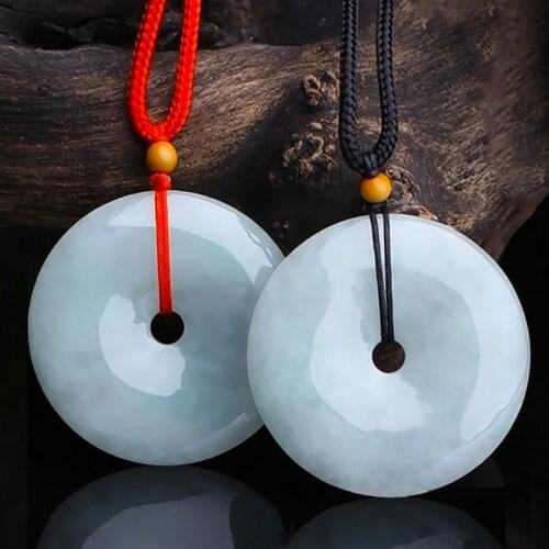 28mm Natural Burmese Emerald pendant Hand carved Donut pendant necklace Attached lanyard Fine Jade Jewelry