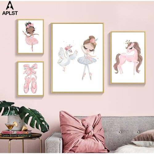 Cartoon Ballerina Pink Baby Girl Poster Kids Nursery Canvas Print Painting Ballet Shoes Swan Wall Art Pictures for Children Room
