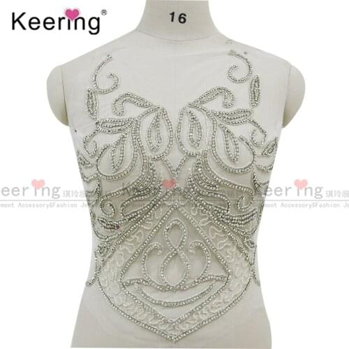 Front And Back Silver Rhinestone Fabric Bodice Applique for Evening Dress Panel WDP-314