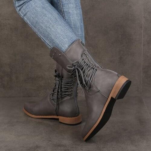 Woman Mid Calf Boots Lace Up Boots Female Women Shoes Rivet Low Heels Zip Footwear Leather Womens Short Boots Plus Size 43