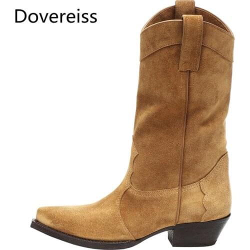 Dovereiss Fashion Womens Shoes Winter new Pointed Toe yellow-brown Slip on Elegant Chunky heels Half boots Concise Mature 33-48
