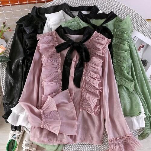 Elegant Women Autumn Flare Sleeve Bandage Strap Bling Chiffon Cardigan Button Ruffles Bow Shirt Vintage Elastic Slim Blouse Tops
