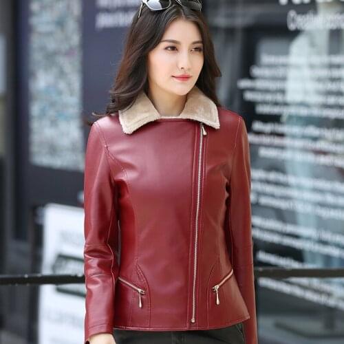 Woman Faux Leather PU Coat New fashion red PU Leather Coat short leather jacket locomotive lapel short jacket Winter Warm Jacket
