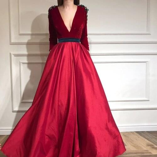 New Arrival Burgundy Long sleeve evening dresses Taffeta Simple Deep V Neck 2020 Muslim Evening Prom Gown