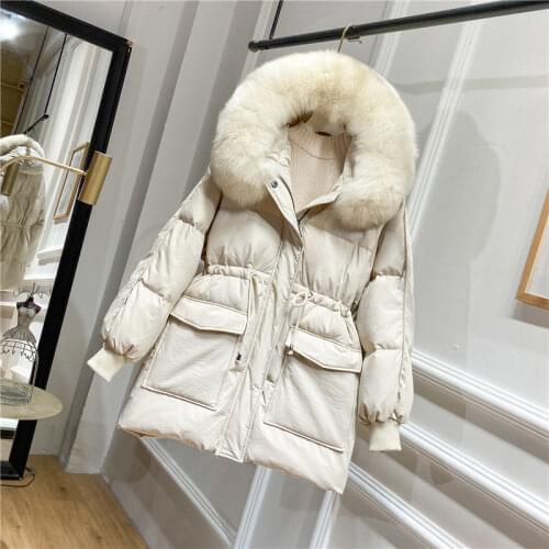 2020 New Korean Large Natural Raccoon Fur Winter Jacket Women 90% White Duck Down Coats Thick Warm Parkas Sash Tie Up Snow Coat