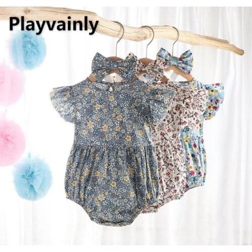 2021 Summer New Baby Girls Romper Floral round collar Fly sleeve bodysuits with hair band Newborn Clothing 0-2T E100187