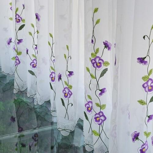 Pastoral White Sheer Tulle Embroidered Purple Flower Curtains for Bedroom Living Room Window Screen Curtain for Kitchen Decorate
