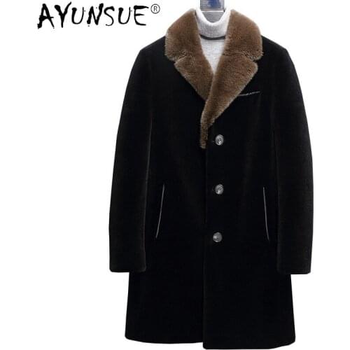 AYUNSUE Winter Real Fur Coat Men Warm Natural Milk Fur Collar Coats 100% Wool Jacket Thick Down Outerwear Mens Clothing WPY4114