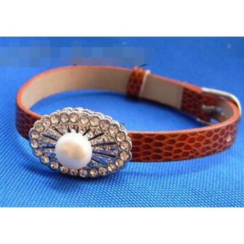 8'' 9mm White Flat Round Freshwater Pearl Zircon Leather Rope Bracelet