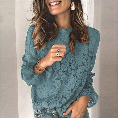 Spring Summer O-Neck Floral Lace Shirt Female Elegant Flare Long Sleeve Blouse Shirts Sexy Women Hollow Out Mesh Blusa Tops XXXL