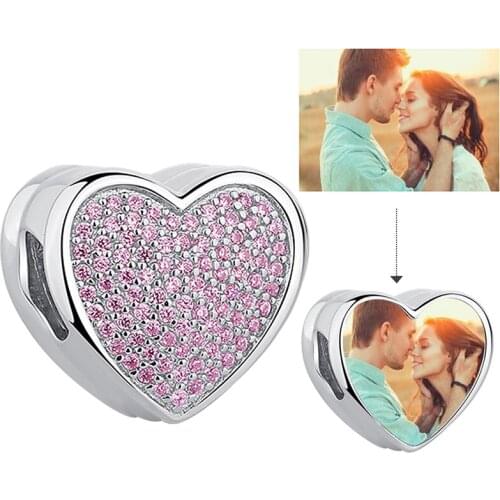 Genuine 925 Sterling Silver Pink Dazzling CZ Stone Forever Love Custom Photo Beads for Women Wedding Personalized Jewelry Gift