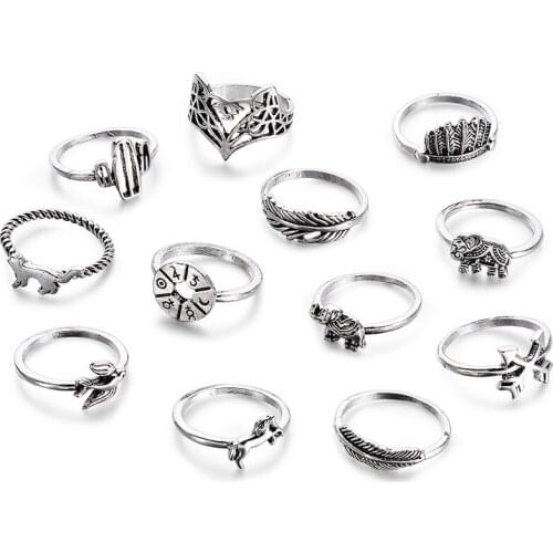 1Set Fashion Charm Roses Rings for Women Girl Wedding Party Vintages Leaf Carving Totem 11 Pcs/Set Noble Ring Jewelry Wholesale