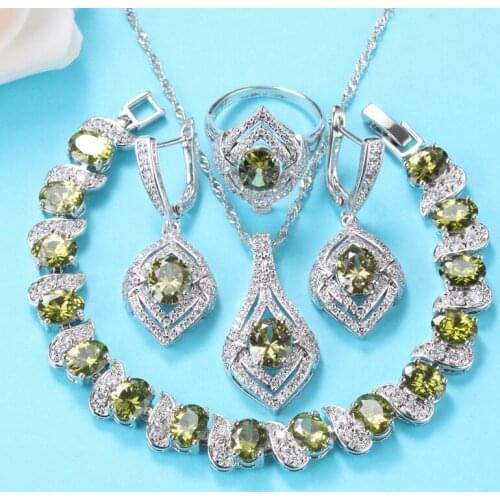 Unique Olive Green Cubic Zirconia Silver 925 Jewelry Sets Crystal Earrings Pendant Necklace Bridal Costume Bracelet And Ring Set