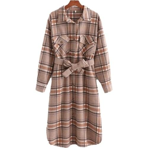 Nice Vintage Woman Loose Camel Plaid Sashes Long Woolen Coats Autumn-Winter Vogue Ladies Soft Jacket Female Oversized Outwear