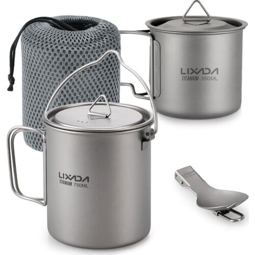Lixada Ultralight 750ml Titanium Pot Titanium Water Mug Cup with Spork Foldable Handle Camping Pot Outdoor Tableware Cookware