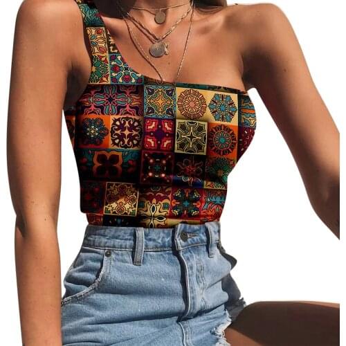 Summer Womens One Shoulder Polyester Casual Tank Tops Sexy Sleeveless Bohemian Printed Slim Fit Camisole