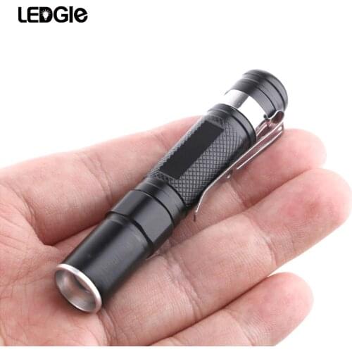 LEDGLE 7W Mini Flashlight Zoomable LED Torch Battery Powered Penlight with Clip Retractable Design Black