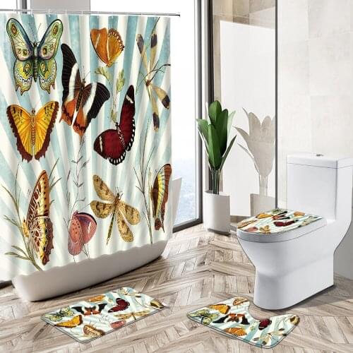 Butterfly Printed Pattern Shower Curtain Set Plant Flower Scenery Home Decor Bath Mat Toilet Lid Cover Flannel Bathroom Carpet