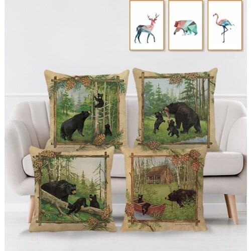 Animal Series Cushion Cover, Retro Bear Pattern Series, Printed Linen Pillowcase Throw Pillow Cover Home Decor