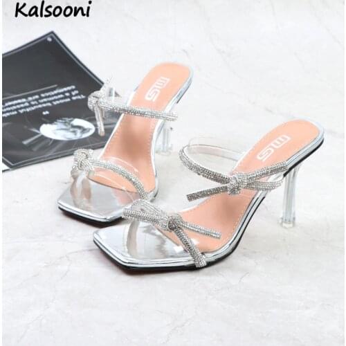 Kalsooni 2021 New Sexy bow rhinestone open toe high heels 2021 summer square toe stiletto sandals
