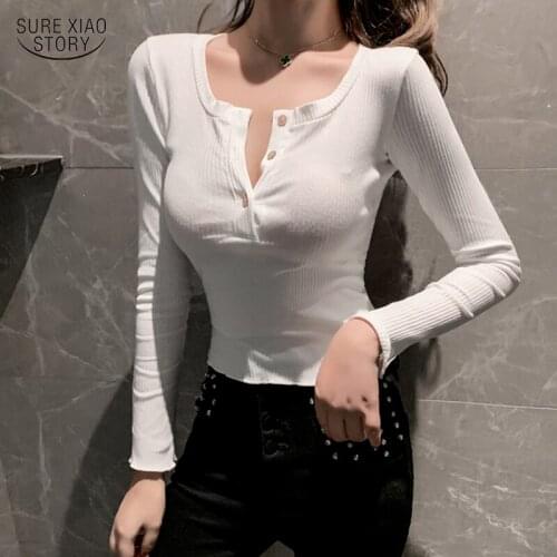 Autumn Elegant Fashion Long Sleeve T-shirt Casual Short Long Sleeve T-shirt Button Screw Threaded Top Female Slim Blusas 16517