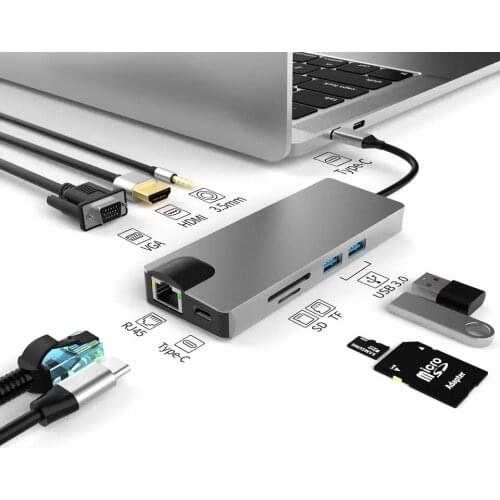 Type-c to (USB3.0*2+HDMI*1+PD*1+SD*1+TF*1 +VGA*1+RJ45*1) C hub multifunctional docking station laptop USB 3.0 hub USBC VGA PD LA