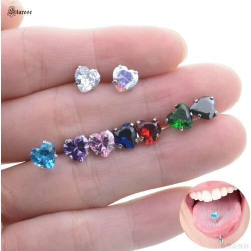 Starose 1.6x16x7mm Zircon Heart Tongue Piercing Barbell Tongue Rings Pircing Stainless Steel Nipple Piercing Sexy Body Jewelry
