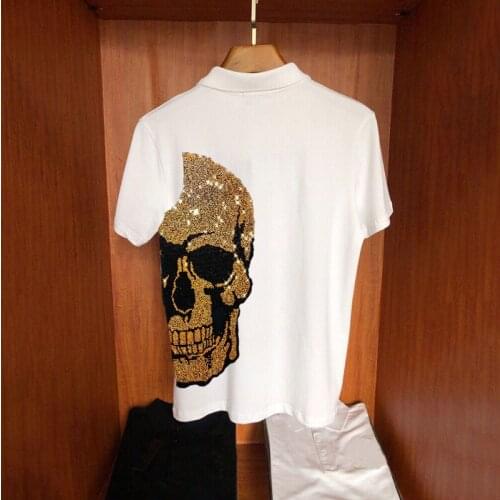 Loose Personality Design Polo Shirt Mens Street Shiny Summer Super Hot Diamond Skull Plus Size Short Sleeves