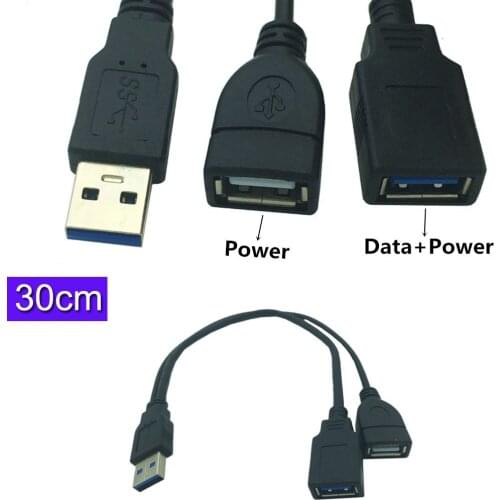 USB 3.0 Male to Dual USB Female Extra Power Data Y Extension Cable for 2.5" Mobile Hard Disk 0.3m