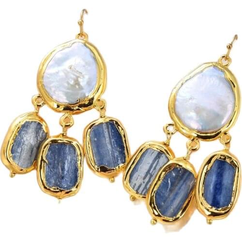 JK Natural Cultured White Coin freshwater Pearl Blue Kyanite Dangle Hook Earrings Women Lady Gifts Jewelry