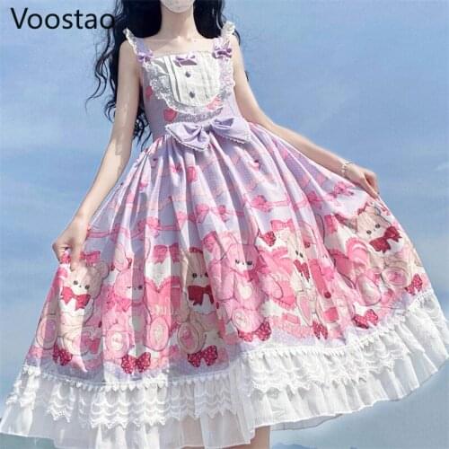 Japanese Sweet Lolita Jsk Dress Women Vintage Victorian Gothic Doll Bear Tea Party Dresses Sleeveless Lace Bow Princess Dress
