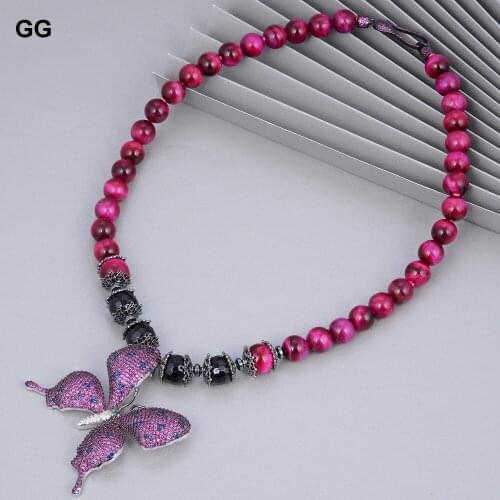 GuaiGuai Jewelry Natural Rose Tigers Eye Round Faceted Black Onyx Necklace Cubic Zirconia Pave Butterfly Pendant 20" For Women