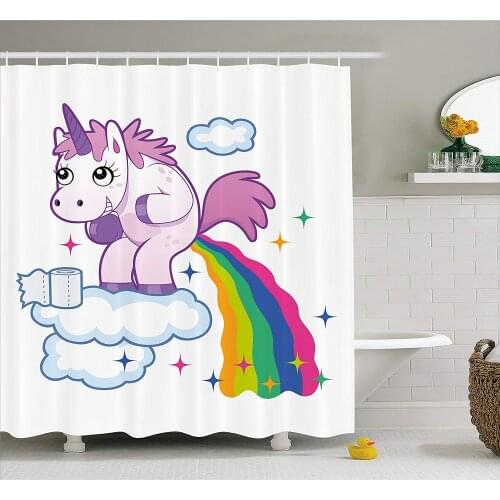 Funny Shower Curtain Unicorn Pooping Rainbow Over Clouds Creative Kids Girls Fairy Tale Fantasy Cartoon Fabric Bathroom Set