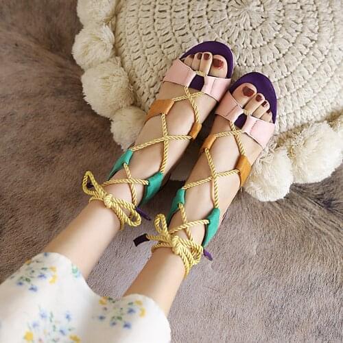 Women Solid Flock Crossed Thin Bands Open Toe Flat Sandals Elastic Band Sandals Summer Casual Shoes Sandals