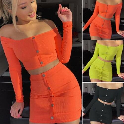 Women Clothes Set Off Shoulder Long Sleeve Tops Solid Button Skirt Set Bodycon Clubwear Clothes 2pcs