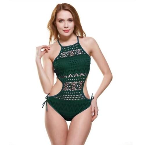 Sexy One Piece Set Swimsuit Backless Hollow Out Halter Crochet Lace Push Up Bikini Beach Wear Bathing Suit for Women ZL181123