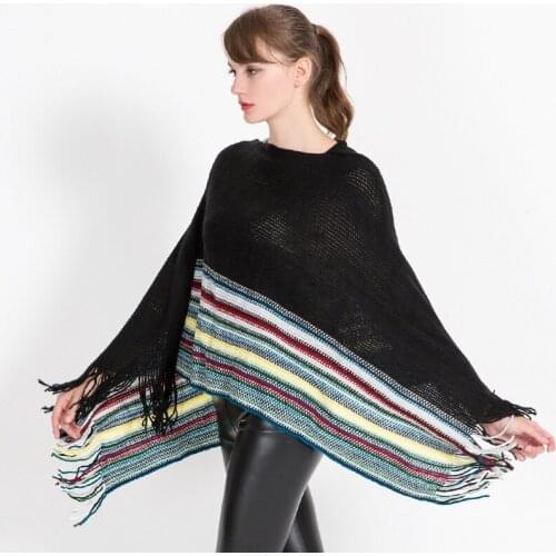Vintage Color Striped Capes Sweater Pullover Autumn Winter Knit Tassel Scarf Women Cloak Female Ponchos Irregular Lady Shawl